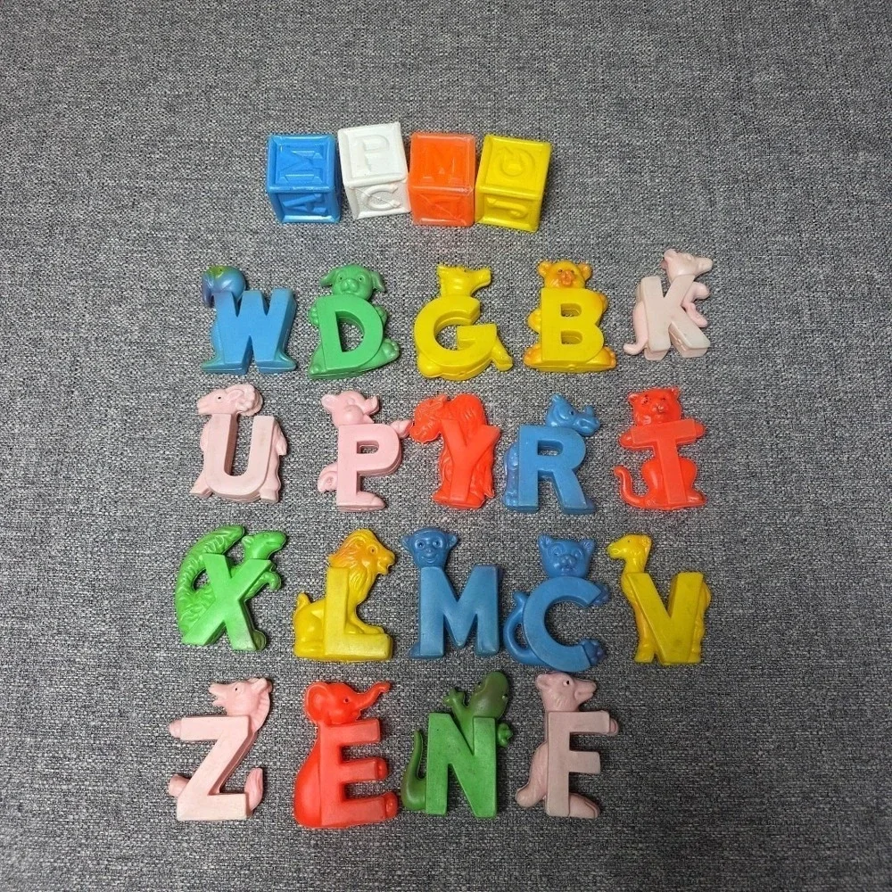 Vintage Blow Mold Soft Plastic ABC Letters Blocks Animals Nursery Toy Decor 60's